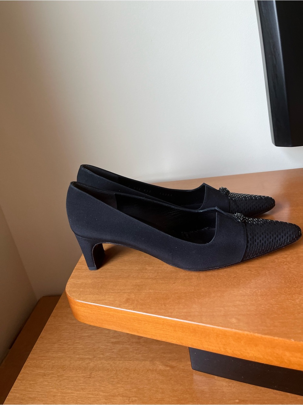 St. John Black Satin Pointed Toe Shoes with Embellished Toe - Picture 3 of 4